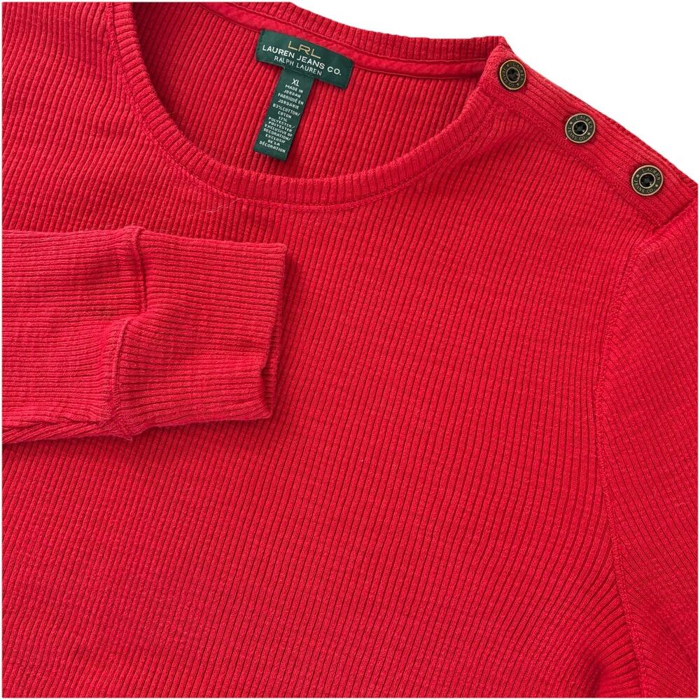 LRL Lauren Jeans Co Women’s Red Long Sleeve Ribbed Shirt Large Button Shoulder